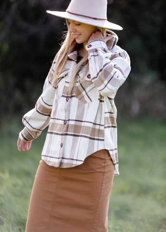 Neutral Plaid Shacket FF Tops