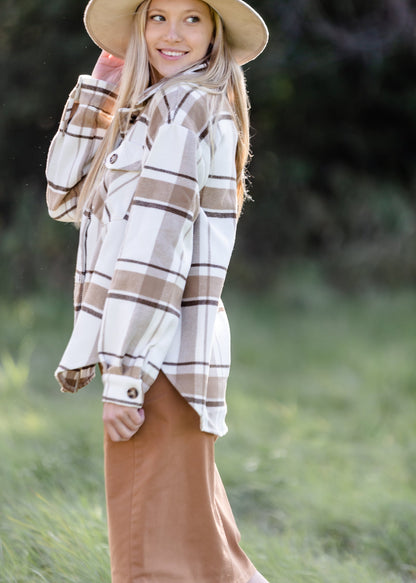 Neutral Plaid Shacket FF Tops