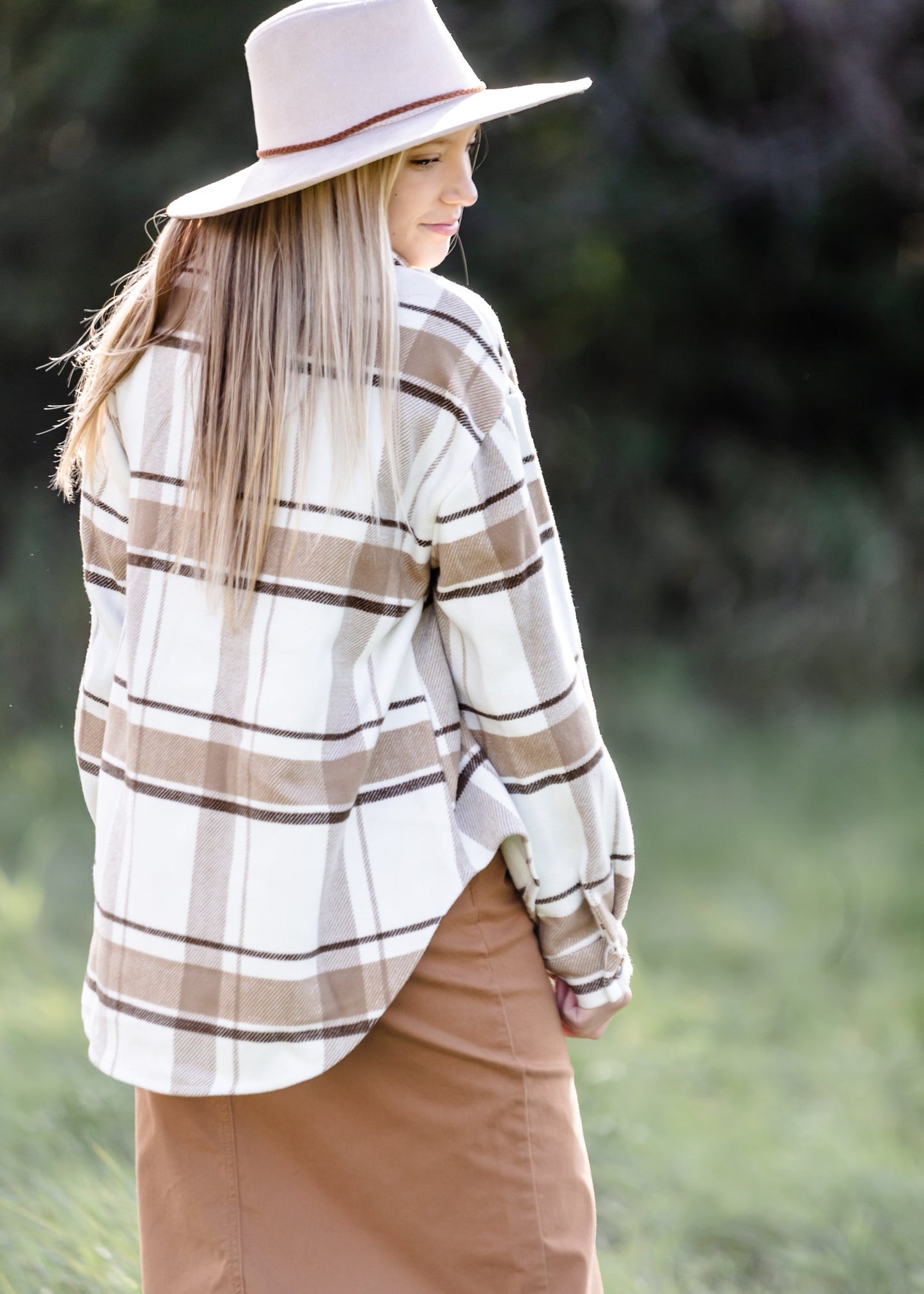 Neutral Plaid Shacket FF Tops