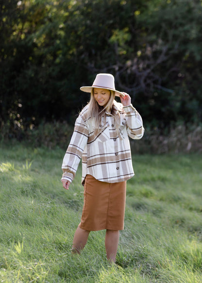 Neutral Plaid Shacket FF Tops