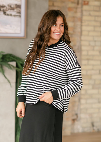 Nina Quarter Button Black Striped Top FF Tops