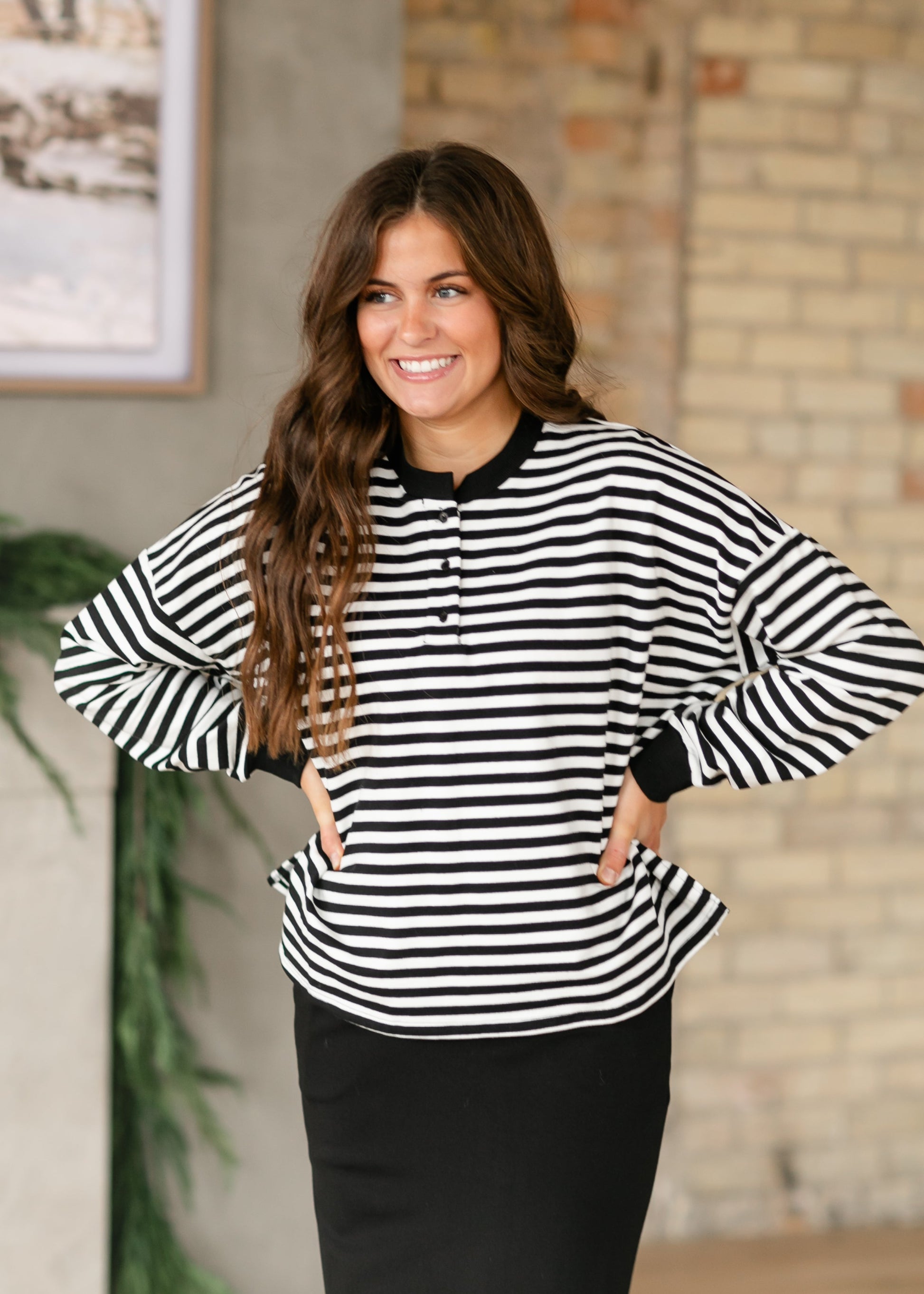 Nina Quarter Button Black Striped Top FF Tops