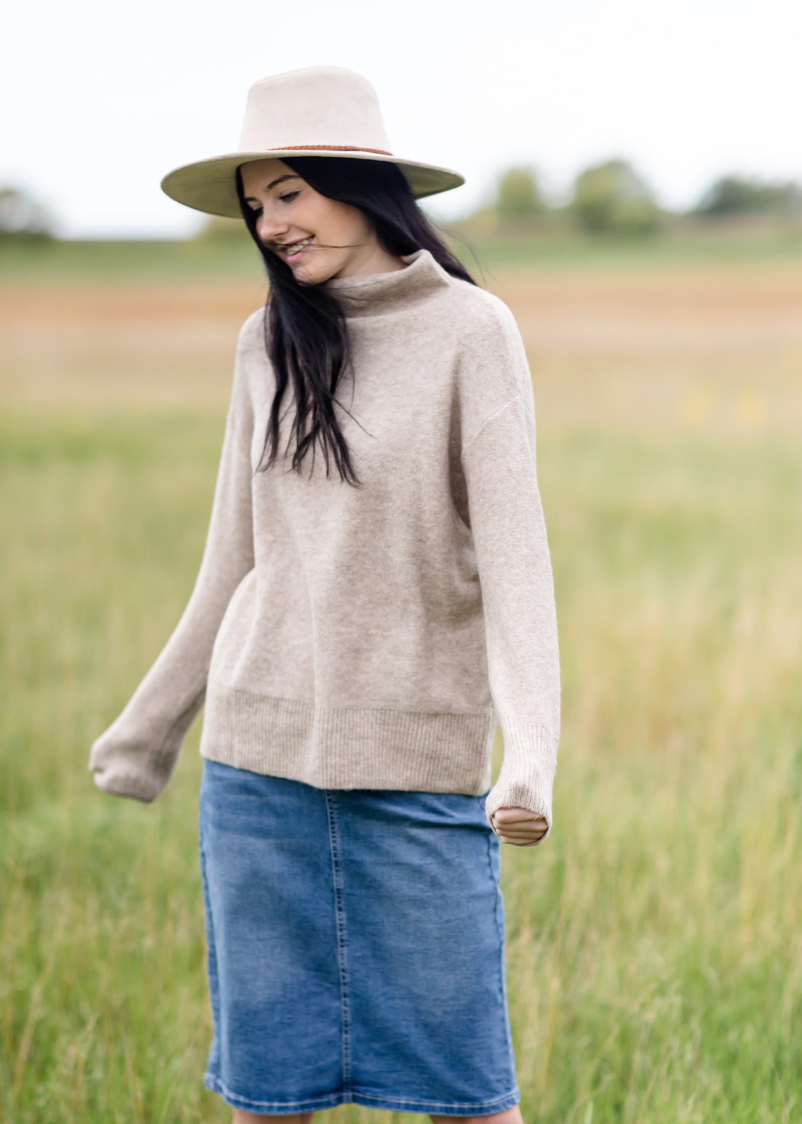 Oatmeal Funnel Neck Long Sleeve Sweater FF Tops