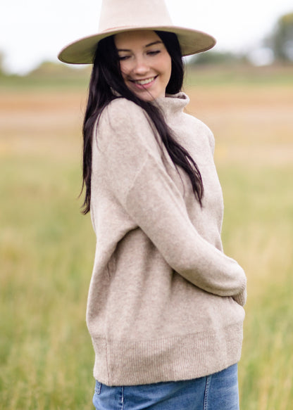 Oatmeal Funnel Neck Long Sleeve Sweater FF Tops