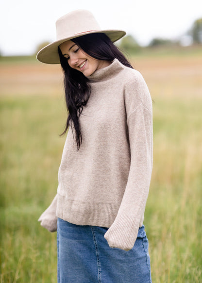 Oatmeal Funnel Neck Long Sleeve Sweater FF Tops