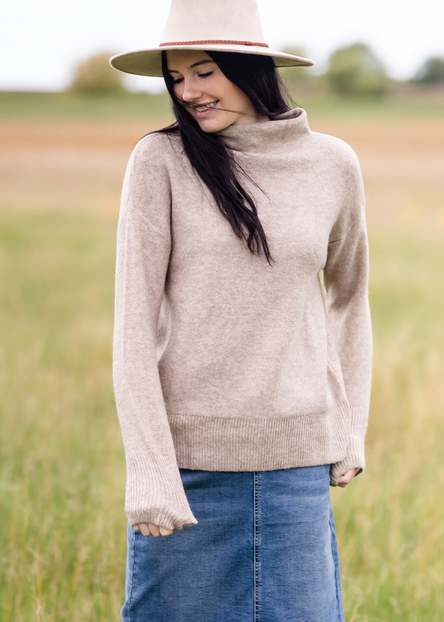 Oatmeal Funnel Neck Long Sleeve Sweater FF Tops