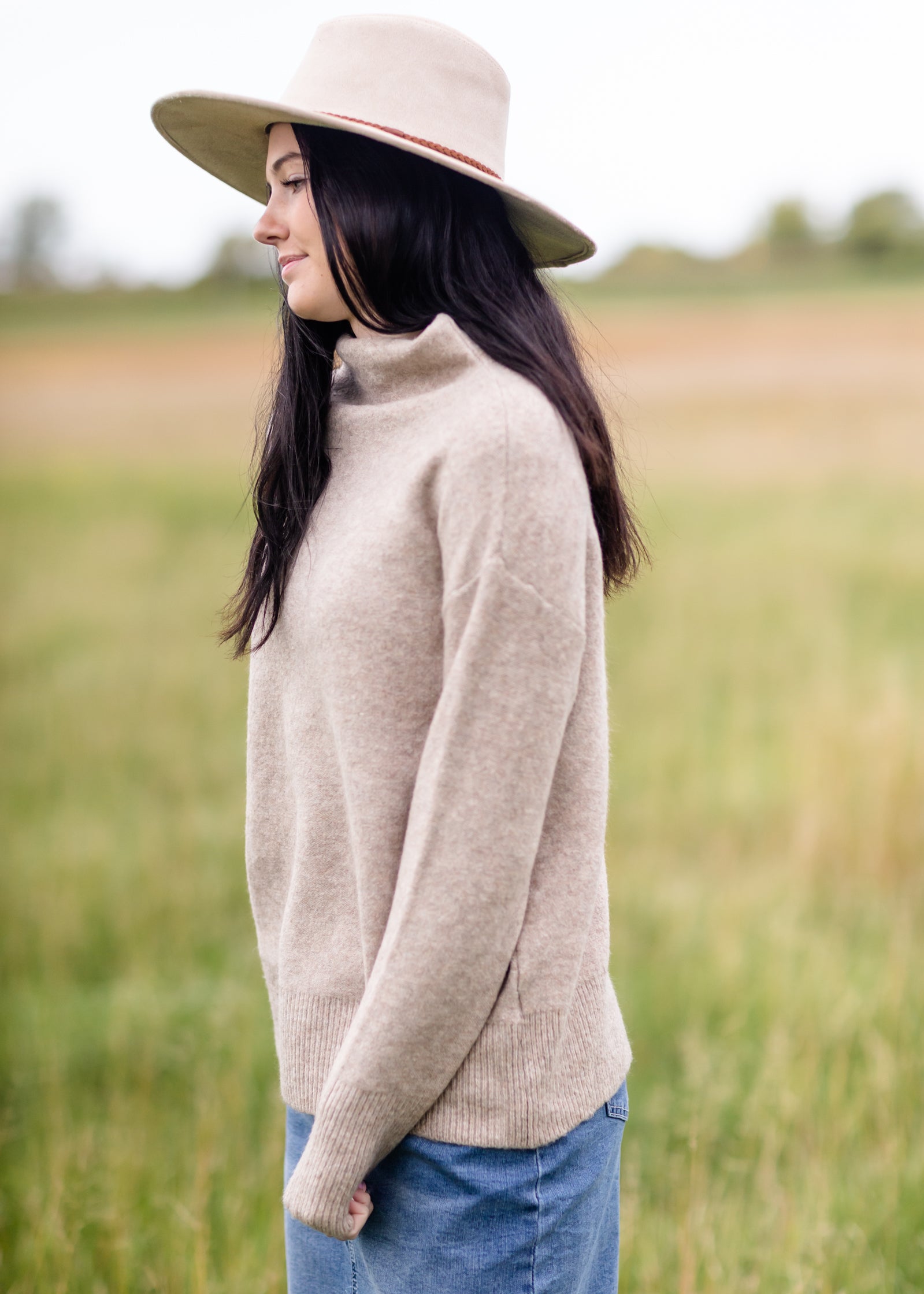 Oatmeal Funnel Neck Long Sleeve Sweater FF Tops