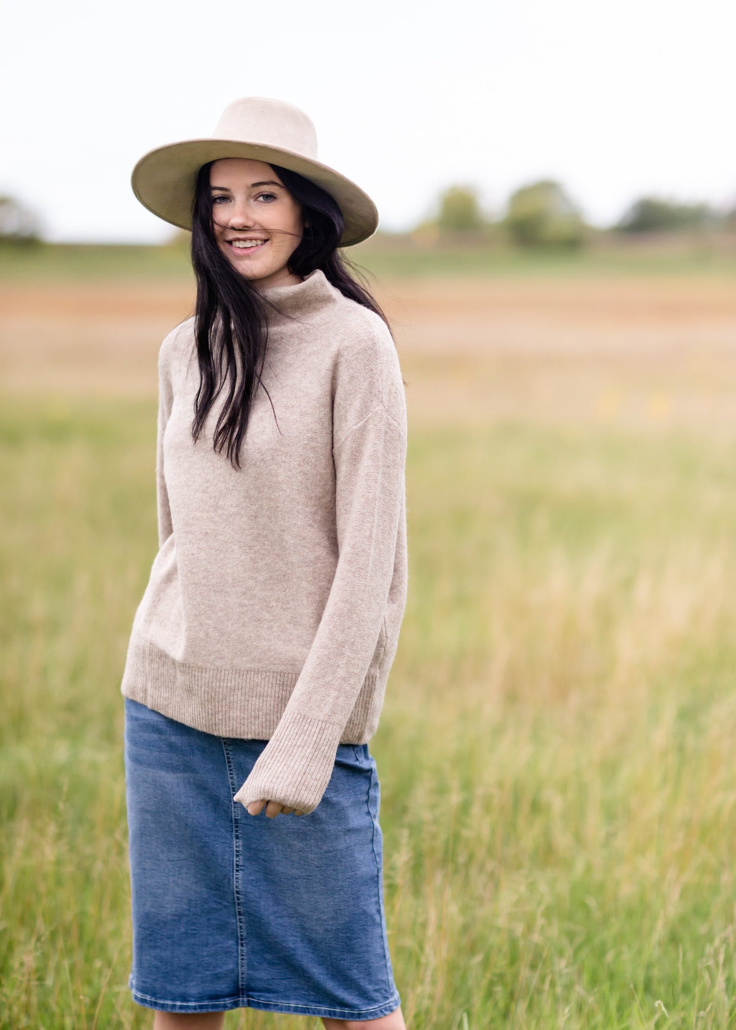 Oatmeal Funnel Neck Long Sleeve Sweater FF Tops