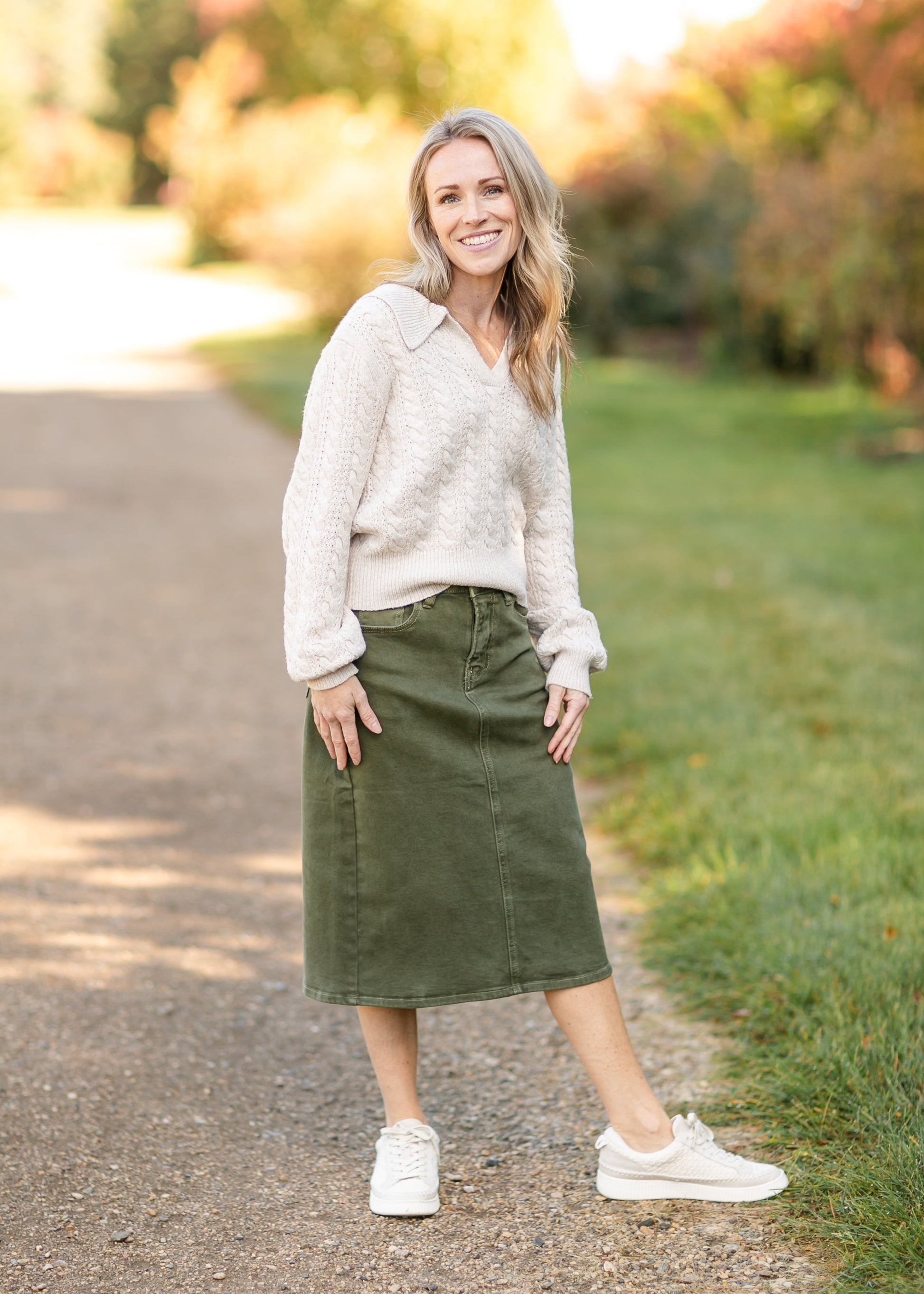 Olive Denim Midi Skirt FF Skirts