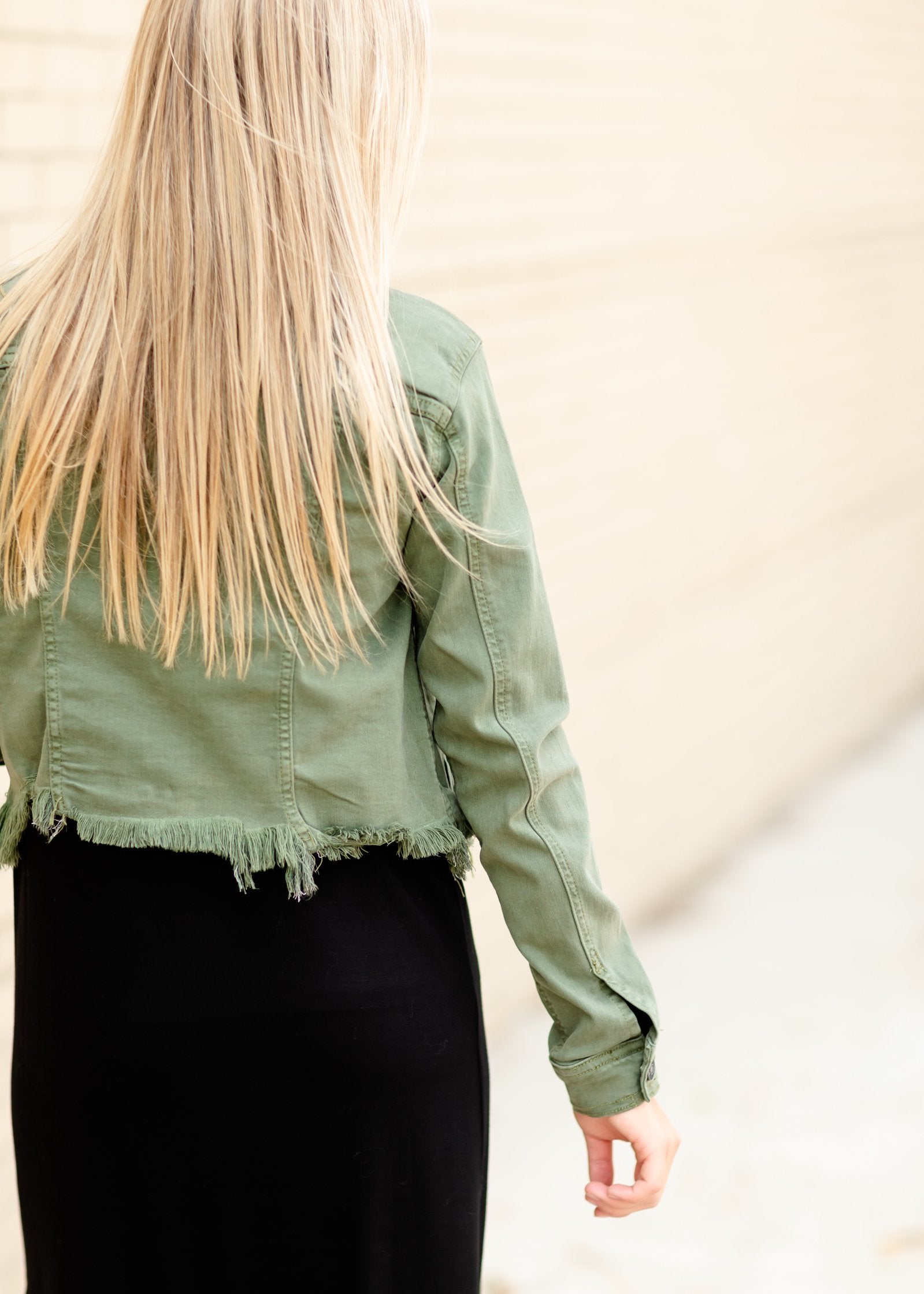 Olive Frayed Denim Jacket FF Tops