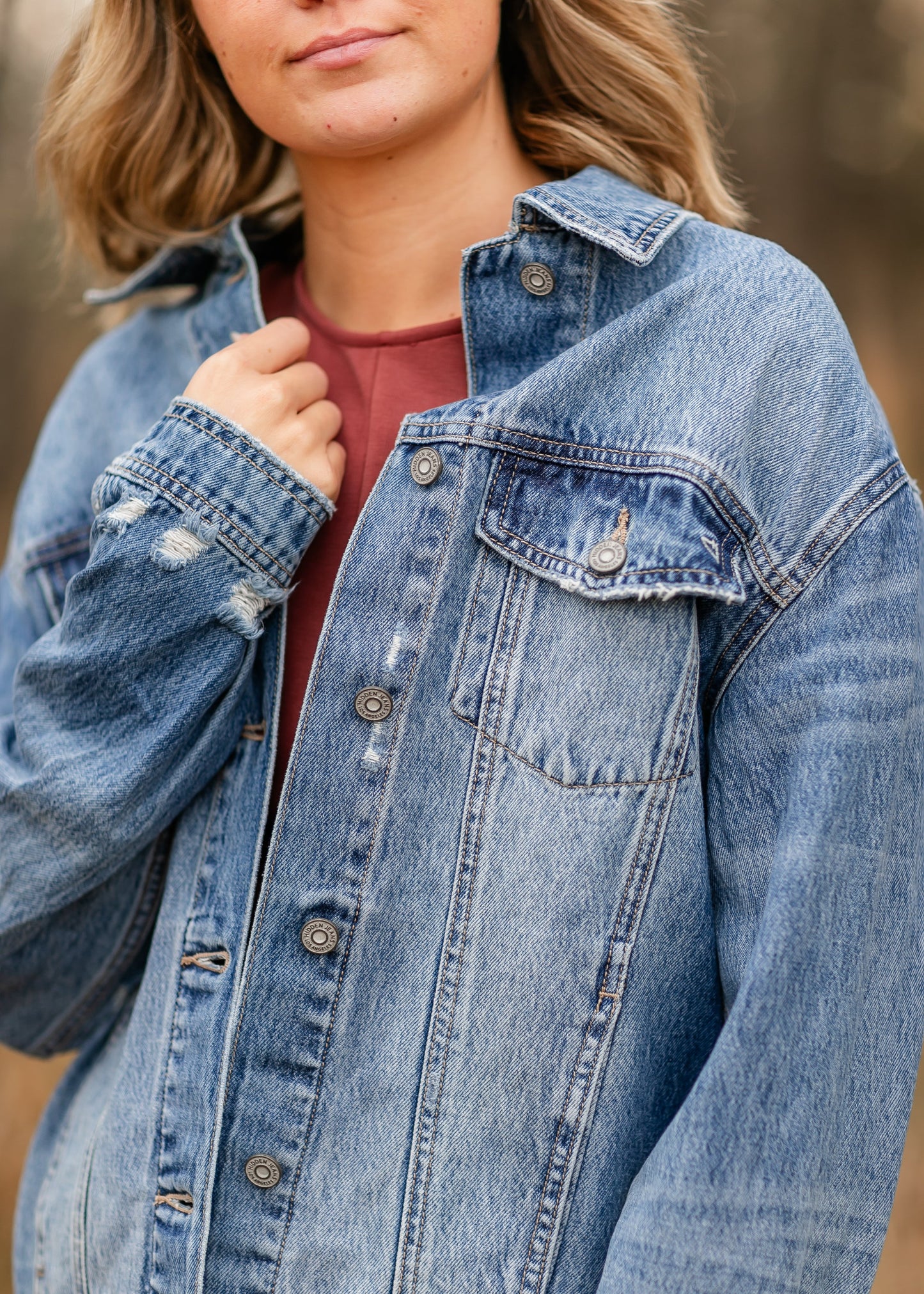 Oversized Denim Distressed Jacket FF Tops