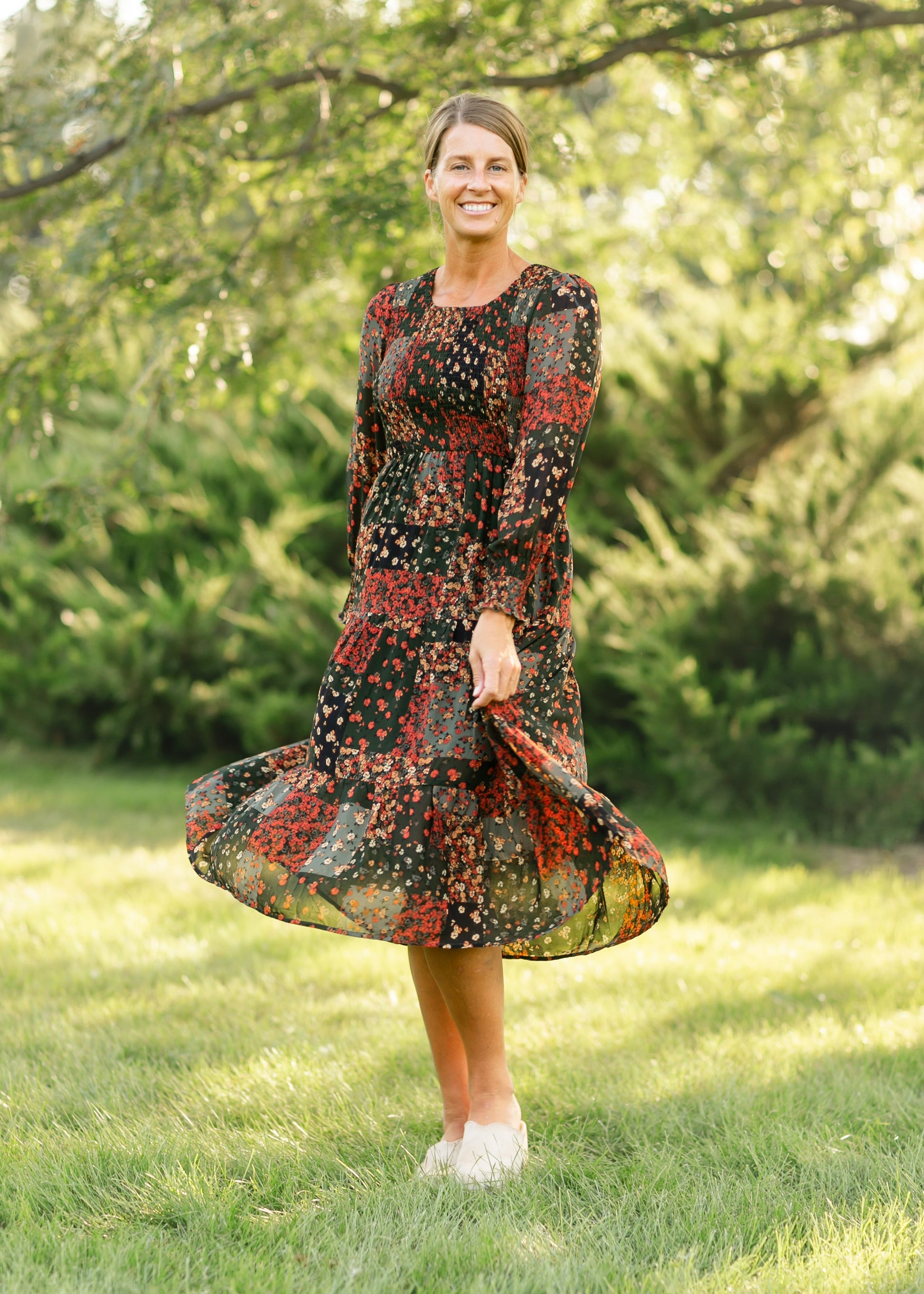 Patchwork Ditsy Floral Long Sleeve Midi Dress FF Dresses