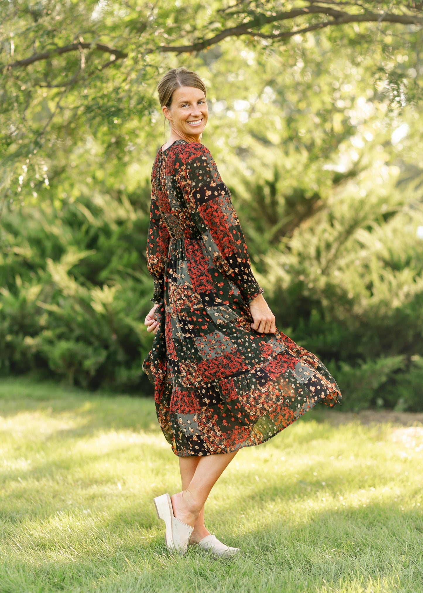 Patchwork Ditsy Floral Long Sleeve Midi Dress FF Dresses