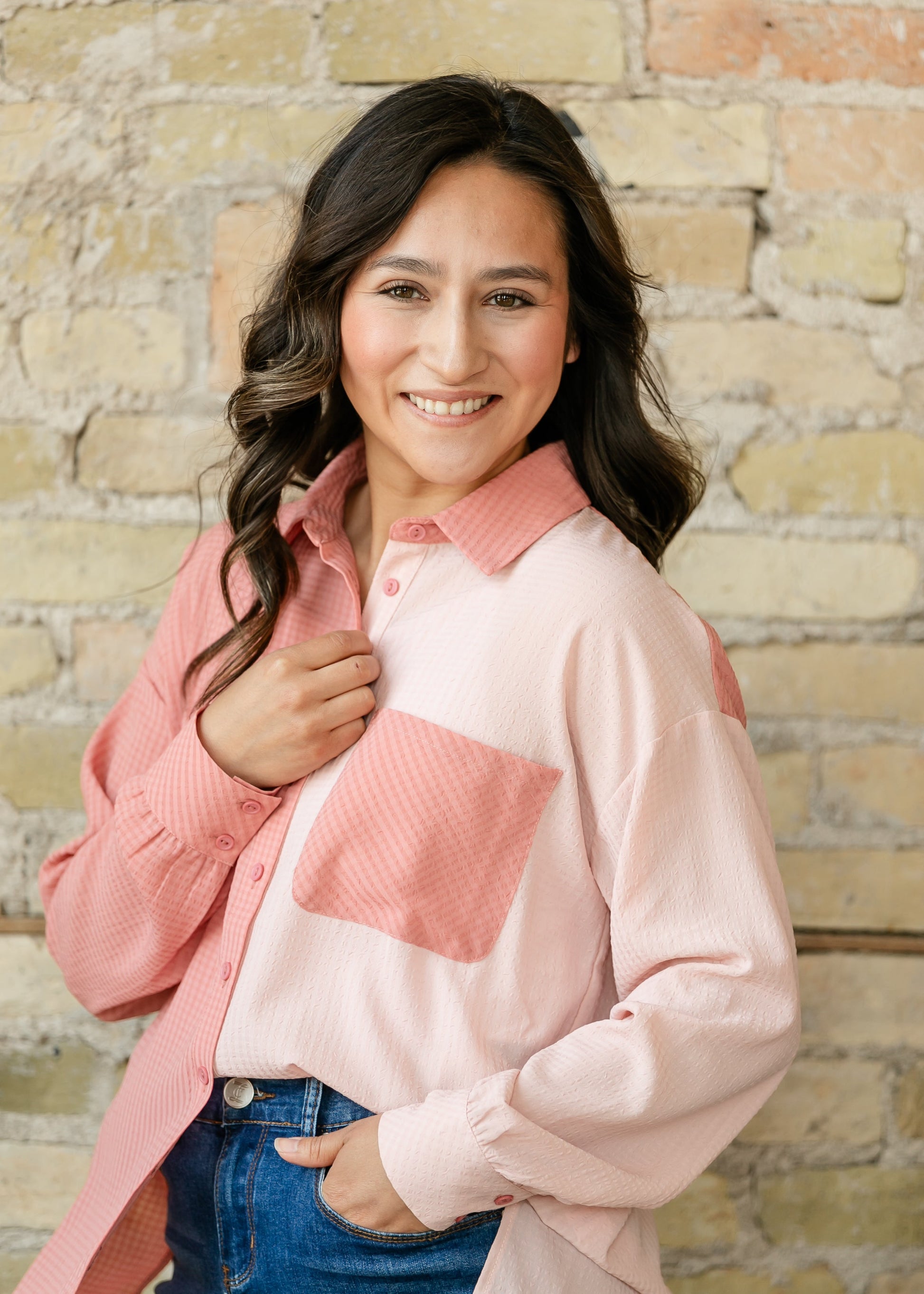 Pink Contrast Button Up Top FF Tops