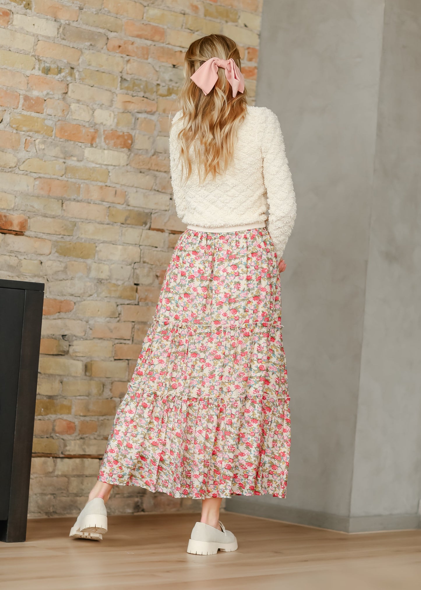 Pink Floral Ruffle Tiered Midi Skirt FF Skirts