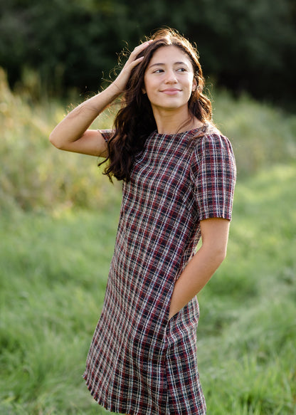 Plaid Fringed Edge Round Neck Shift Midi Dress - FINAL SALE FF Dresses