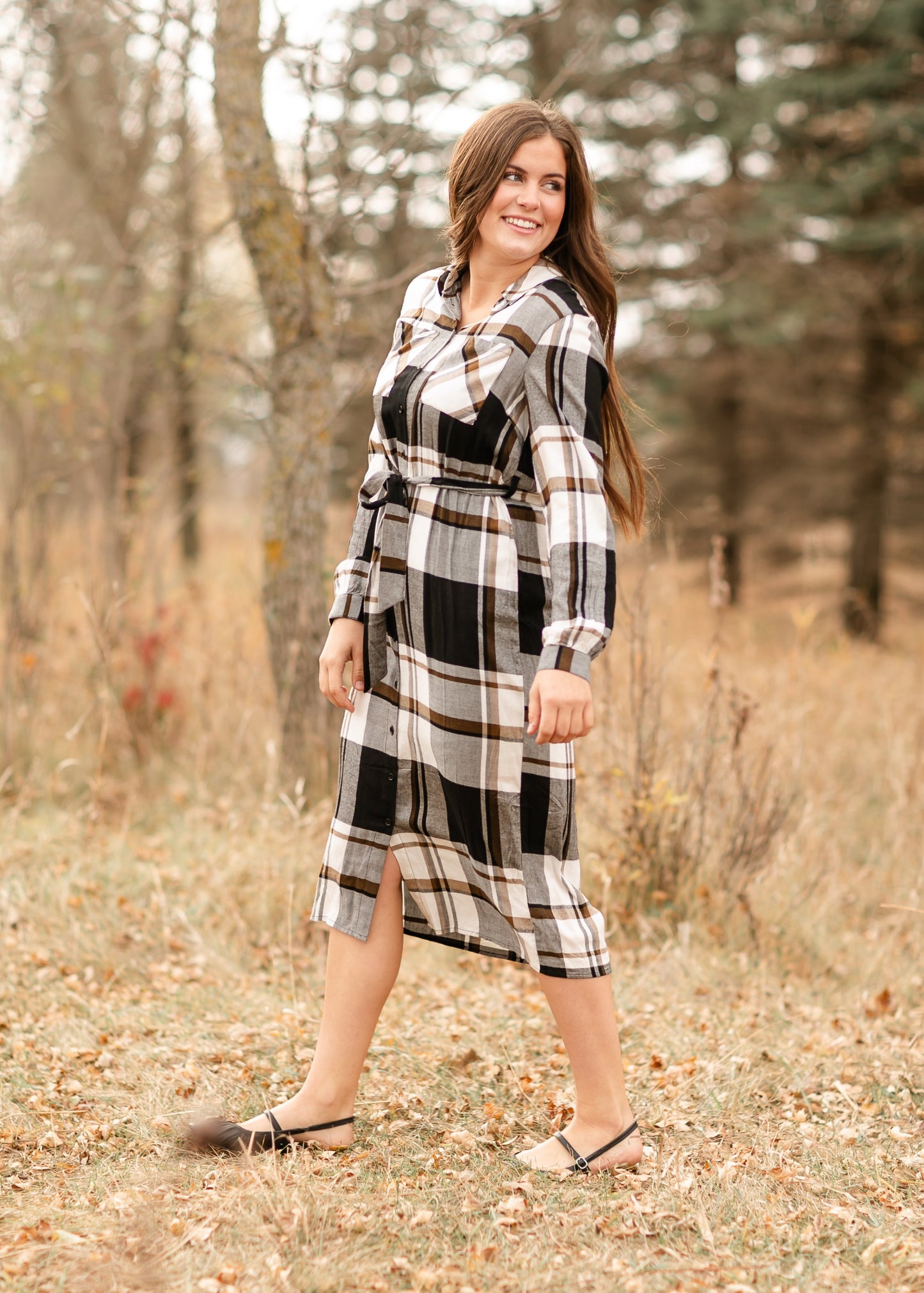 Plaid Print Midi Shirt Dress FF Dresses