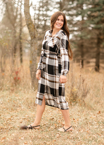 Plaid Print Midi Shirt Dress FF Dresses