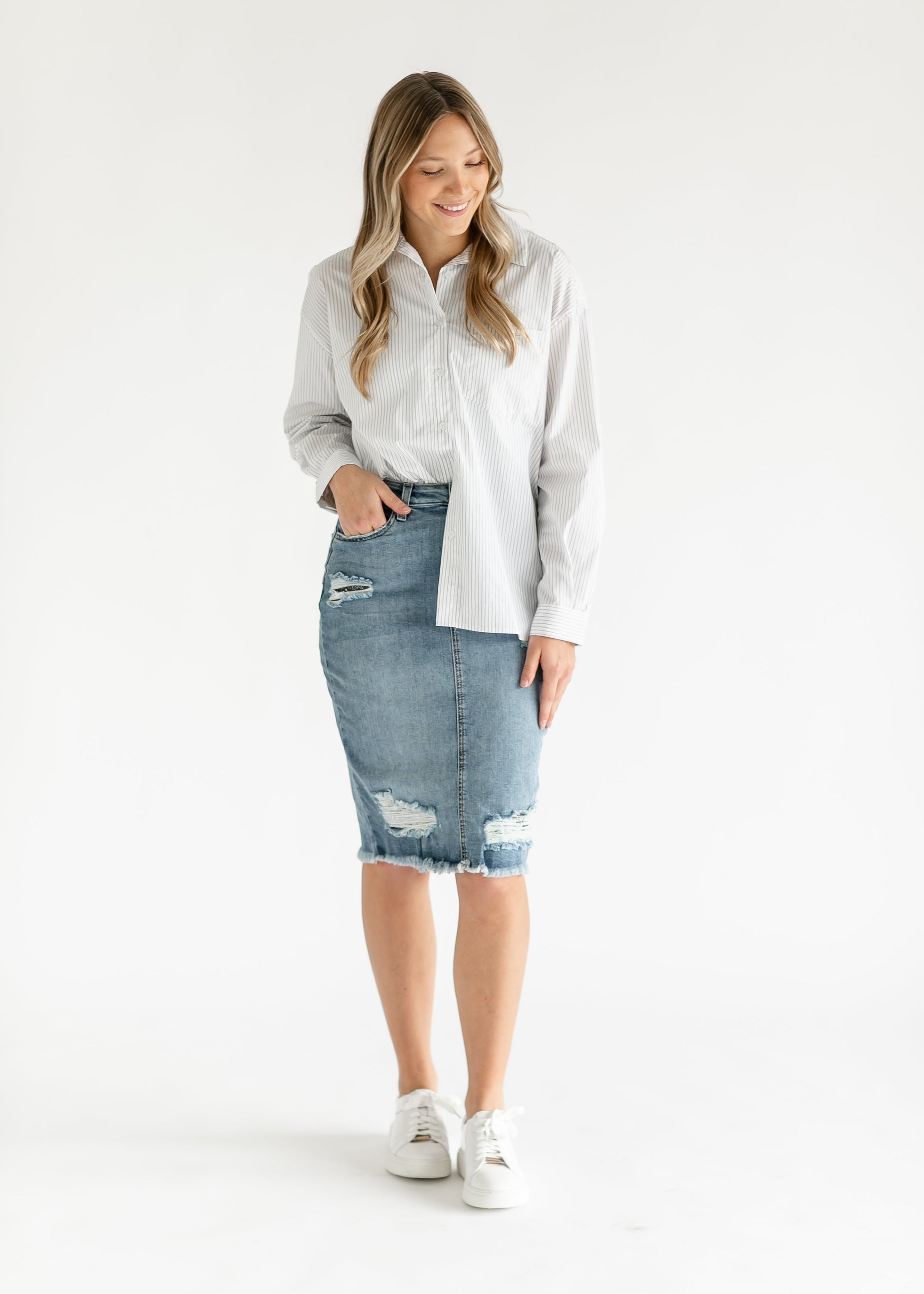 Presley Distressed Denim Midi Skirt IC Skirts