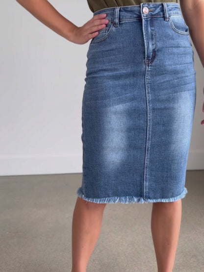 Drew Vintage Wash Raw Hem Midi Denim Skirt - FINAL SALE