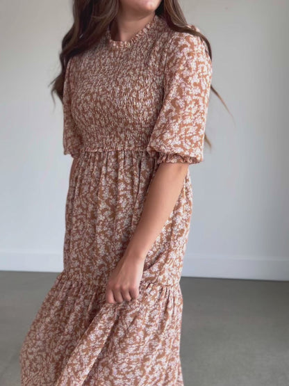 Smocked 3/4 Sleeve Floral Midi Dress