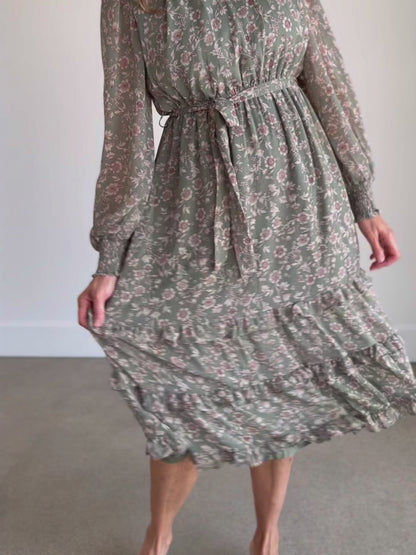 Belted Floral Long Sleeve Midi Dress - FINAL SALE