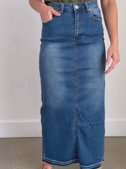 Cheyenne Distressed Raw Hem Long Denim Skirt - FINAL SALE