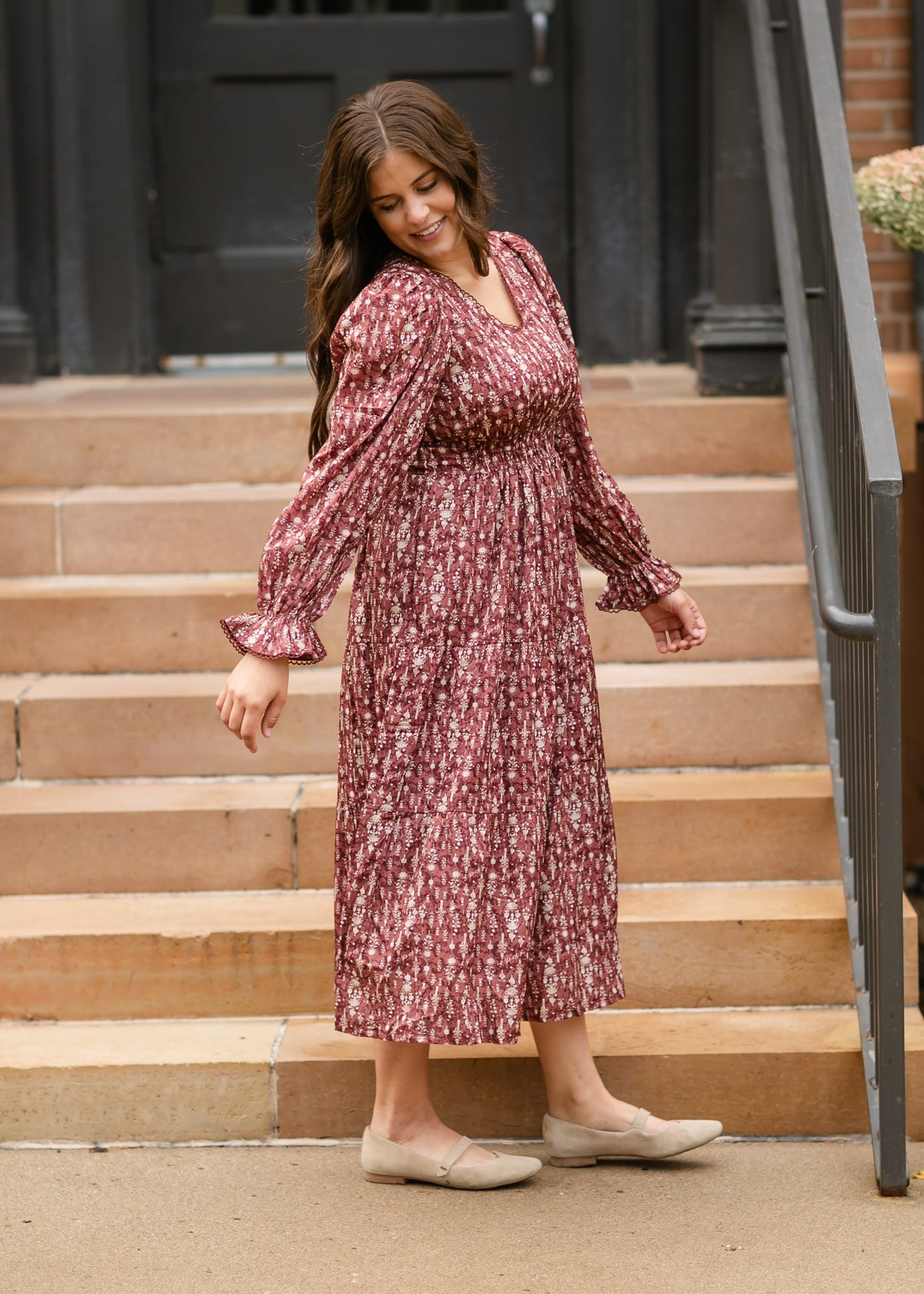 Printed Lace V-neck Long Sleeve Maxi Dress FF Dresses