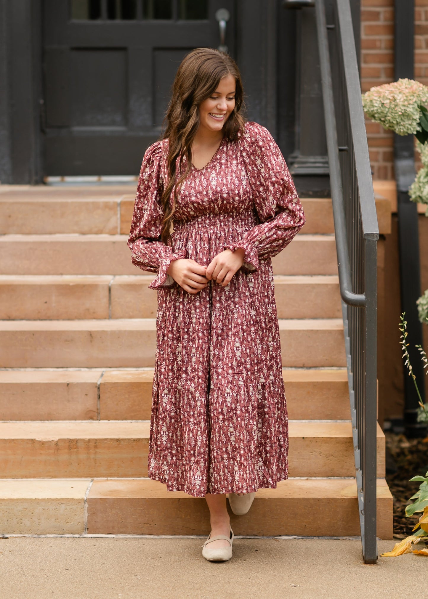 Printed Lace V-neck Long Sleeve Maxi Dress FF Dresses