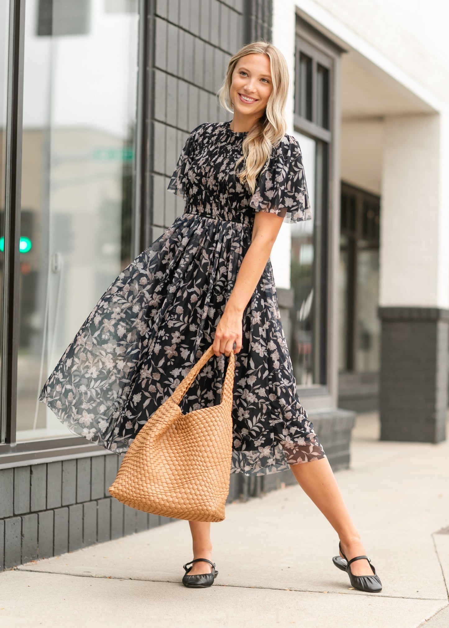 Printed Mesh Smocked Top Midi Dress FF Dresses