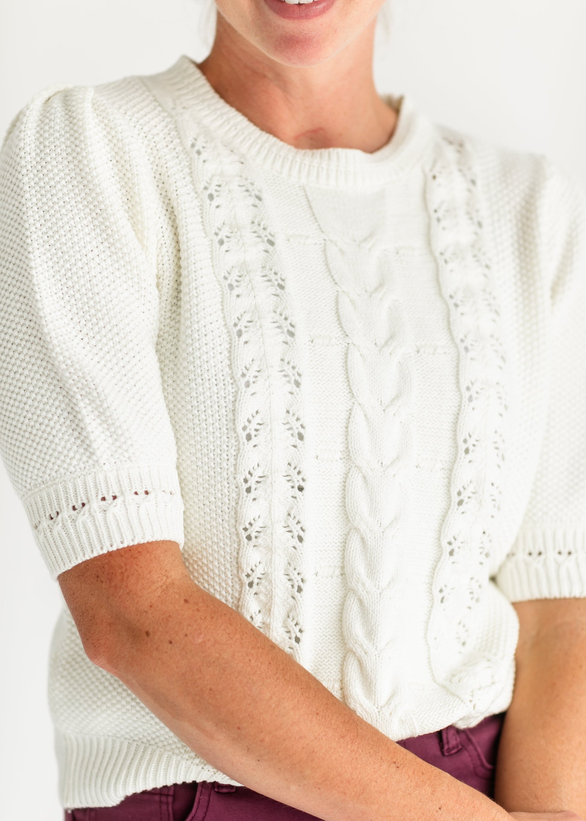 Puff Short Sleeve Cable Knit Sweater FF Tops