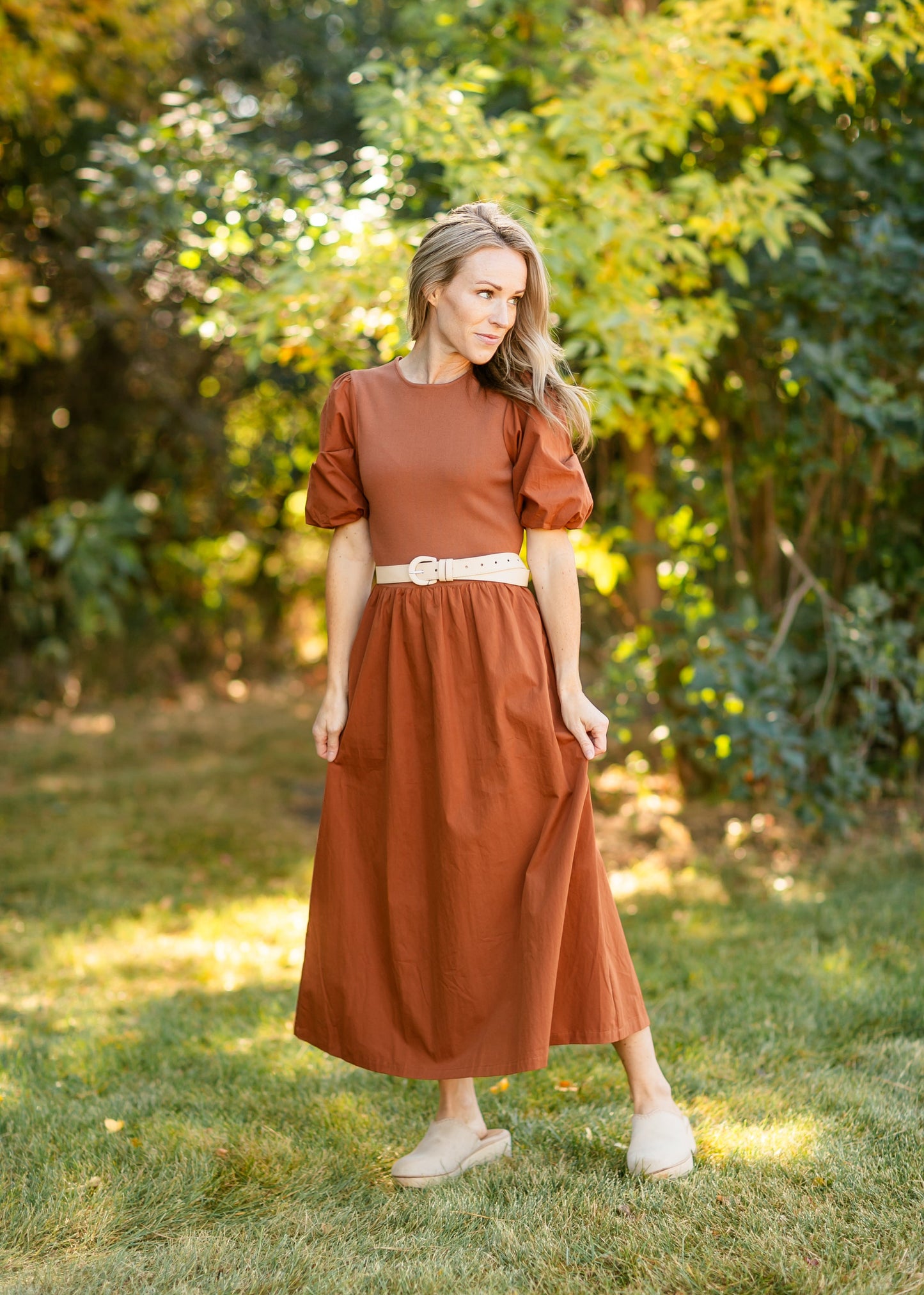 Puff Sleeve Cotton Knit Bodice Midi Dress FF Dresses