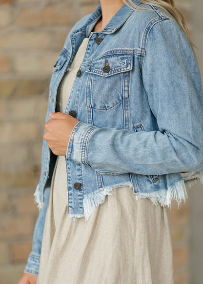 Raw Hem Medium Wash Denim Jacket FF Tops