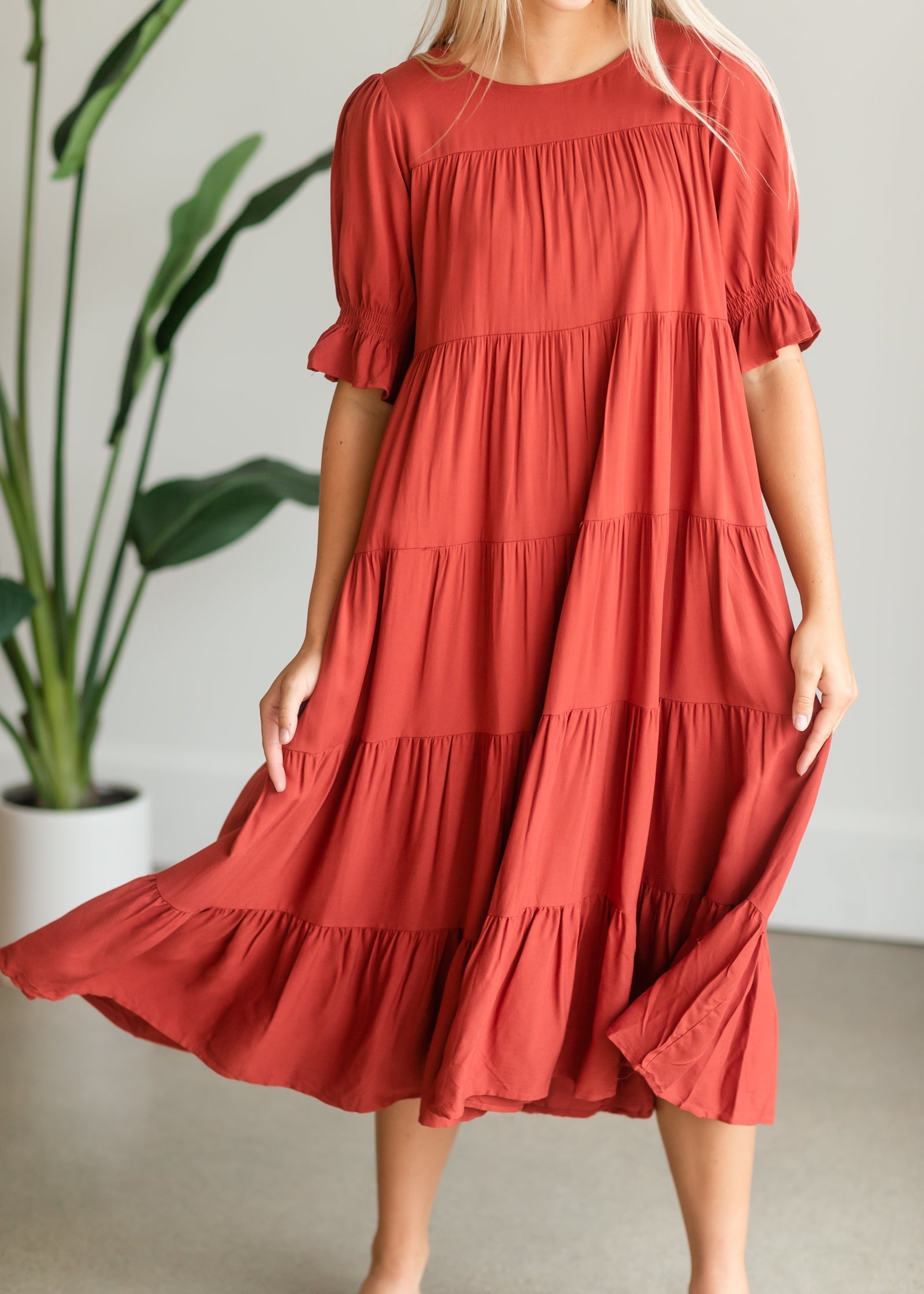 Red Smocked Sleeve Tiered Midi Dress FF Dresses