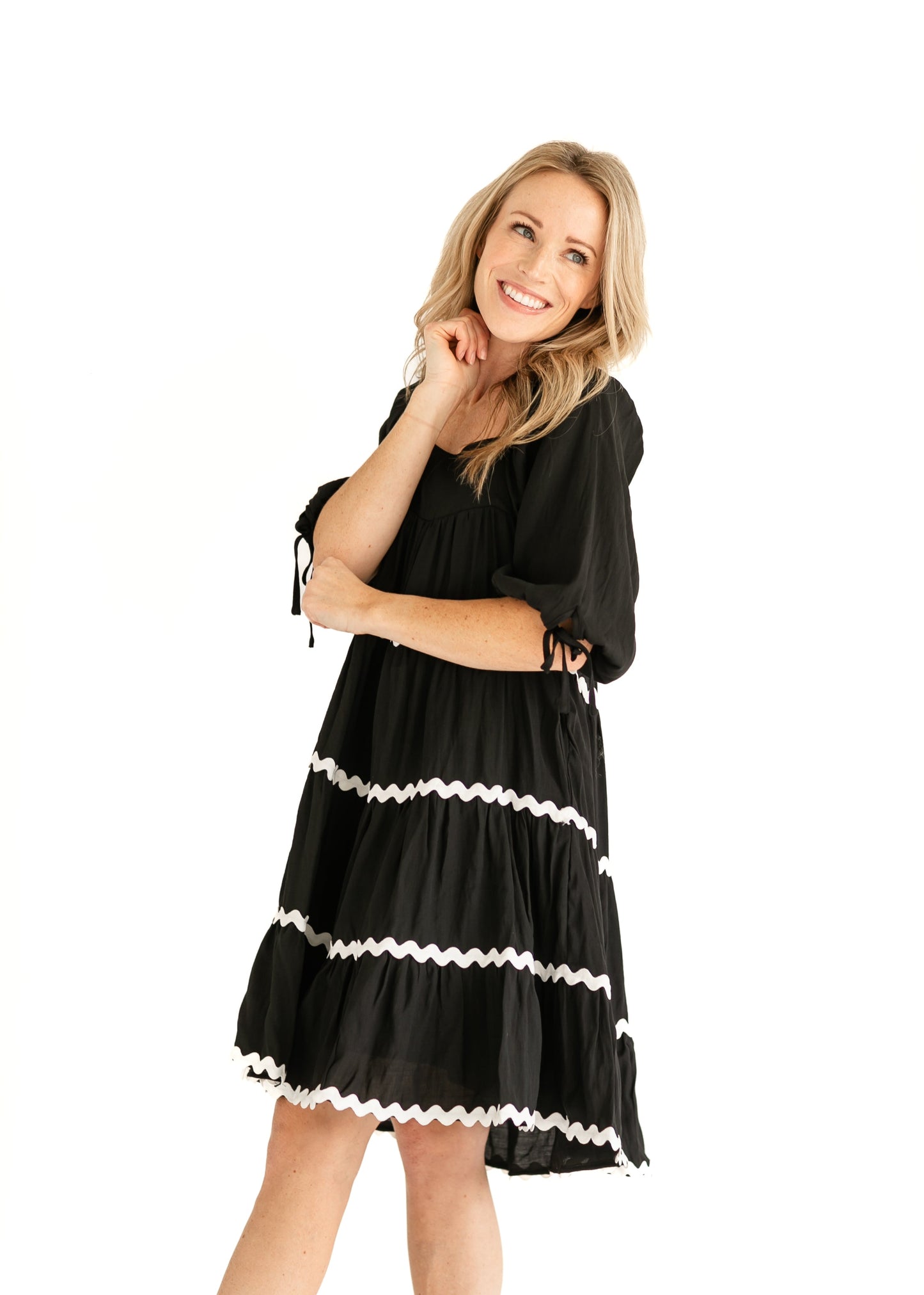 Ricrac Trimmed Tie Sleeve Black Midi Dress FF Dresses