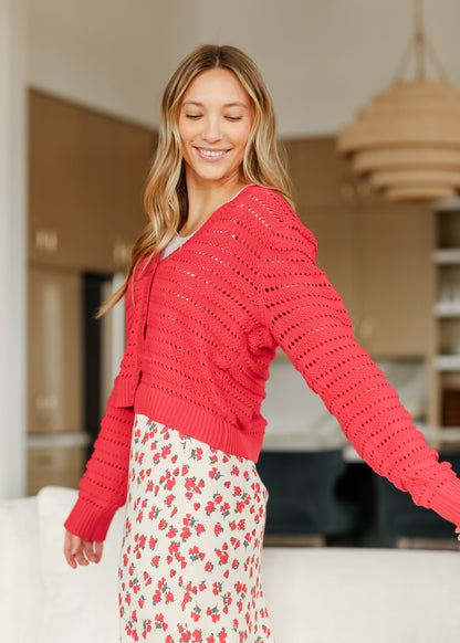 Romance Cherry Red Button Front Cardigan FF Tops