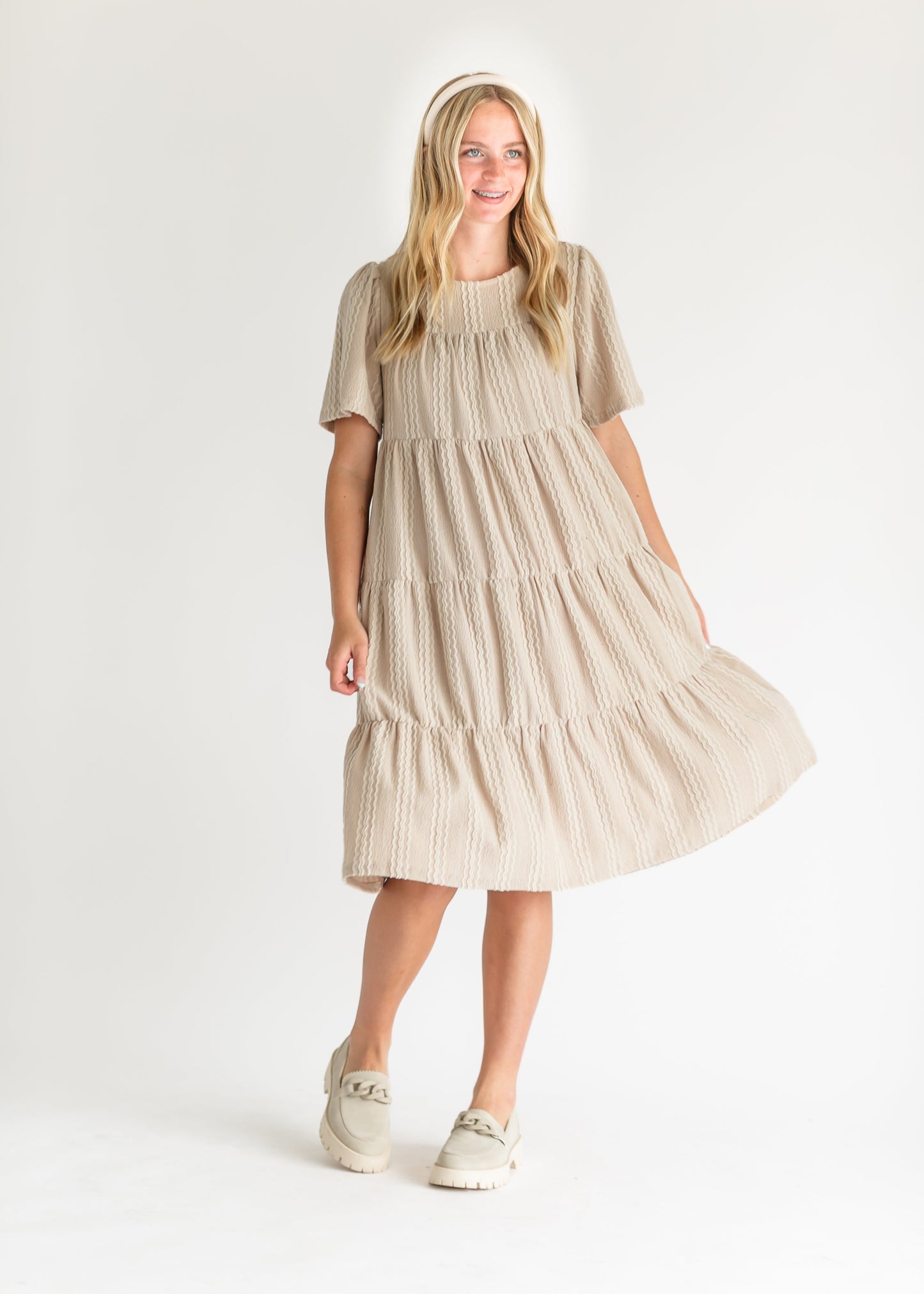 Round Neck Textured Knit Tiered Dress FF Dresses