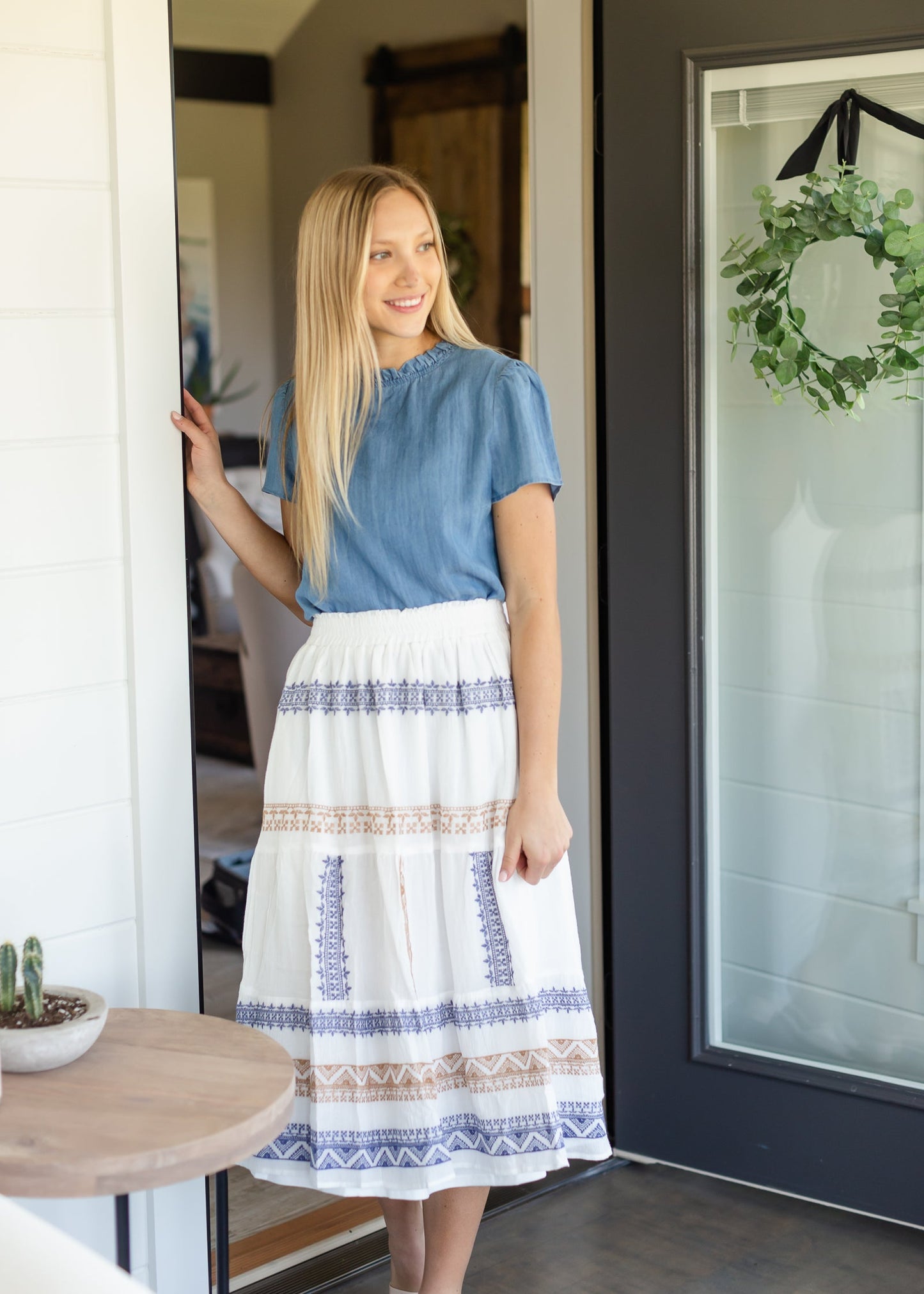 Ruffle Neck Denim Chambray Top FF Tops