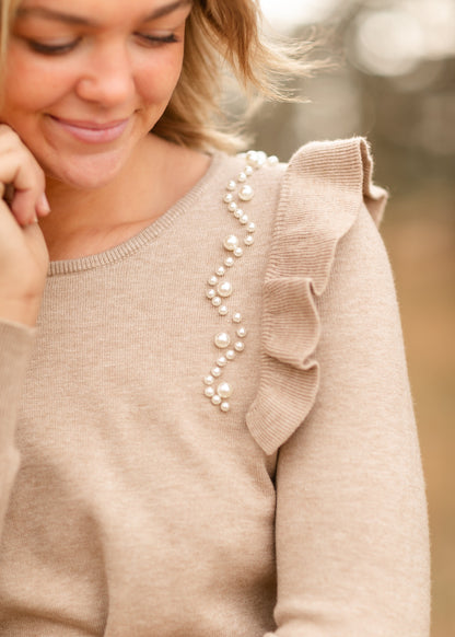 Ruffle Pearl Shoulder Detail Sweater FF Tops