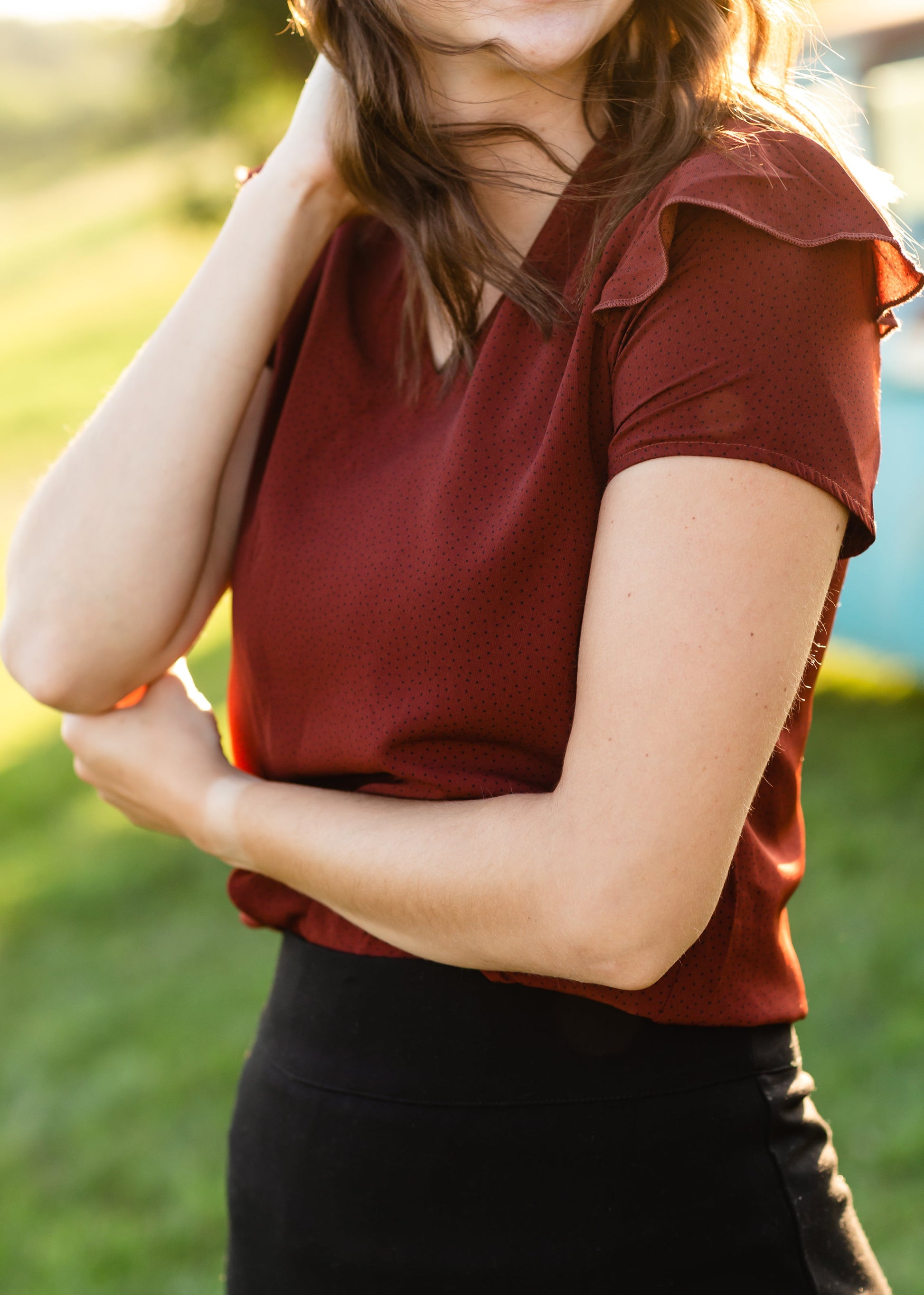 Rust Dotted Flutter Sleeve Blouse - FINAL SALE FF Tops