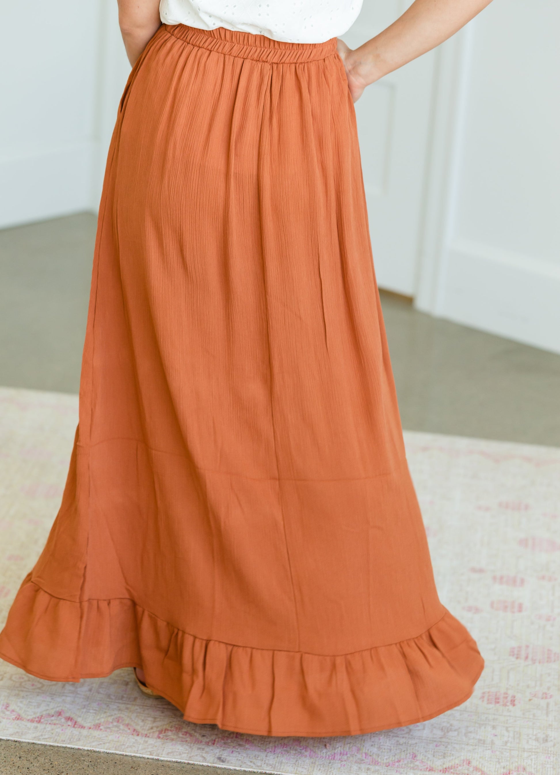 Rust Ruffle Hem Stretch Waist Maxi Skirt Skirts