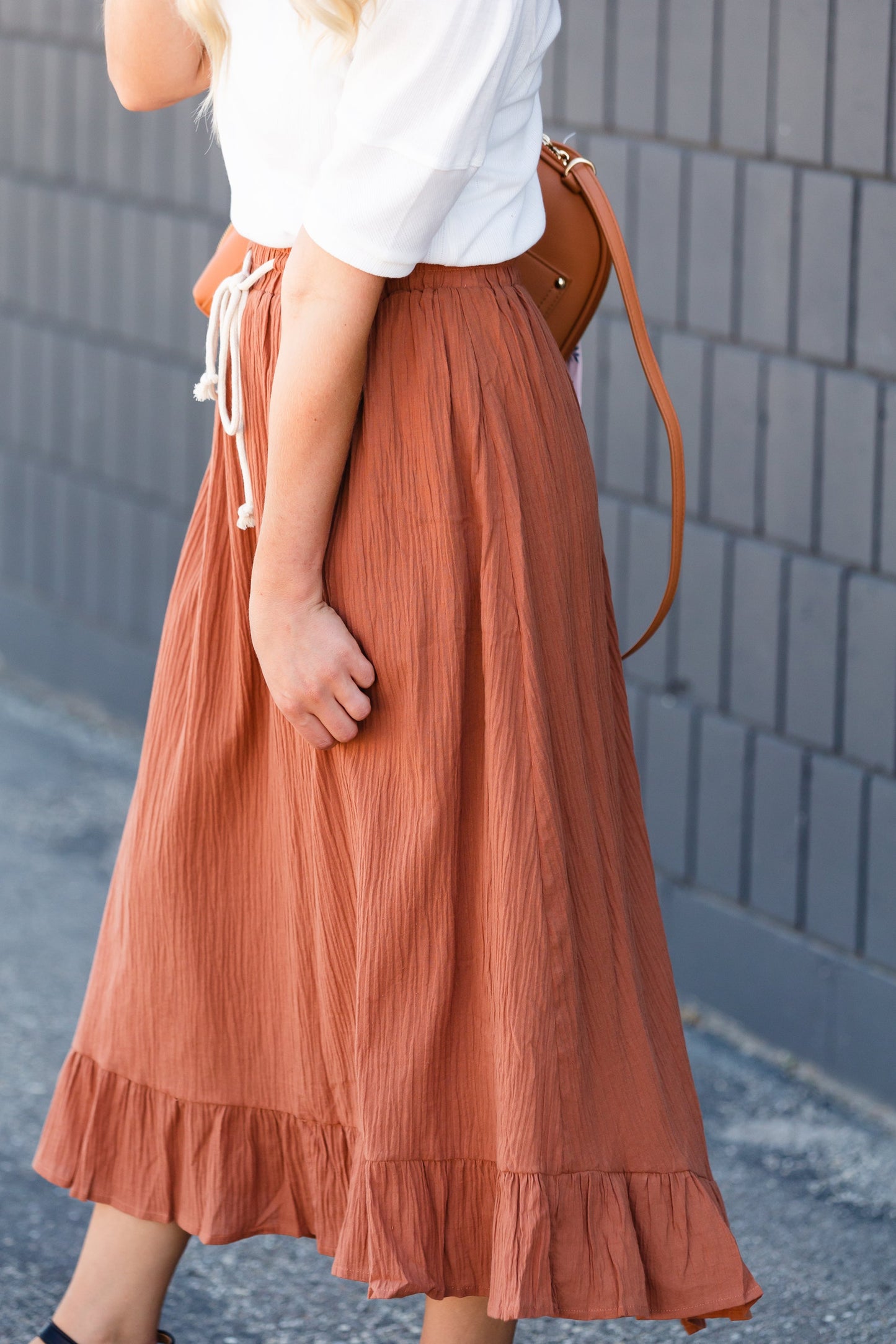 Rust Ruffle Hem Stretch Waist Midi Skirt Skirts