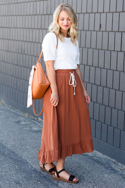 Rust Ruffle Hem Stretch Waist Midi Skirt Skirts