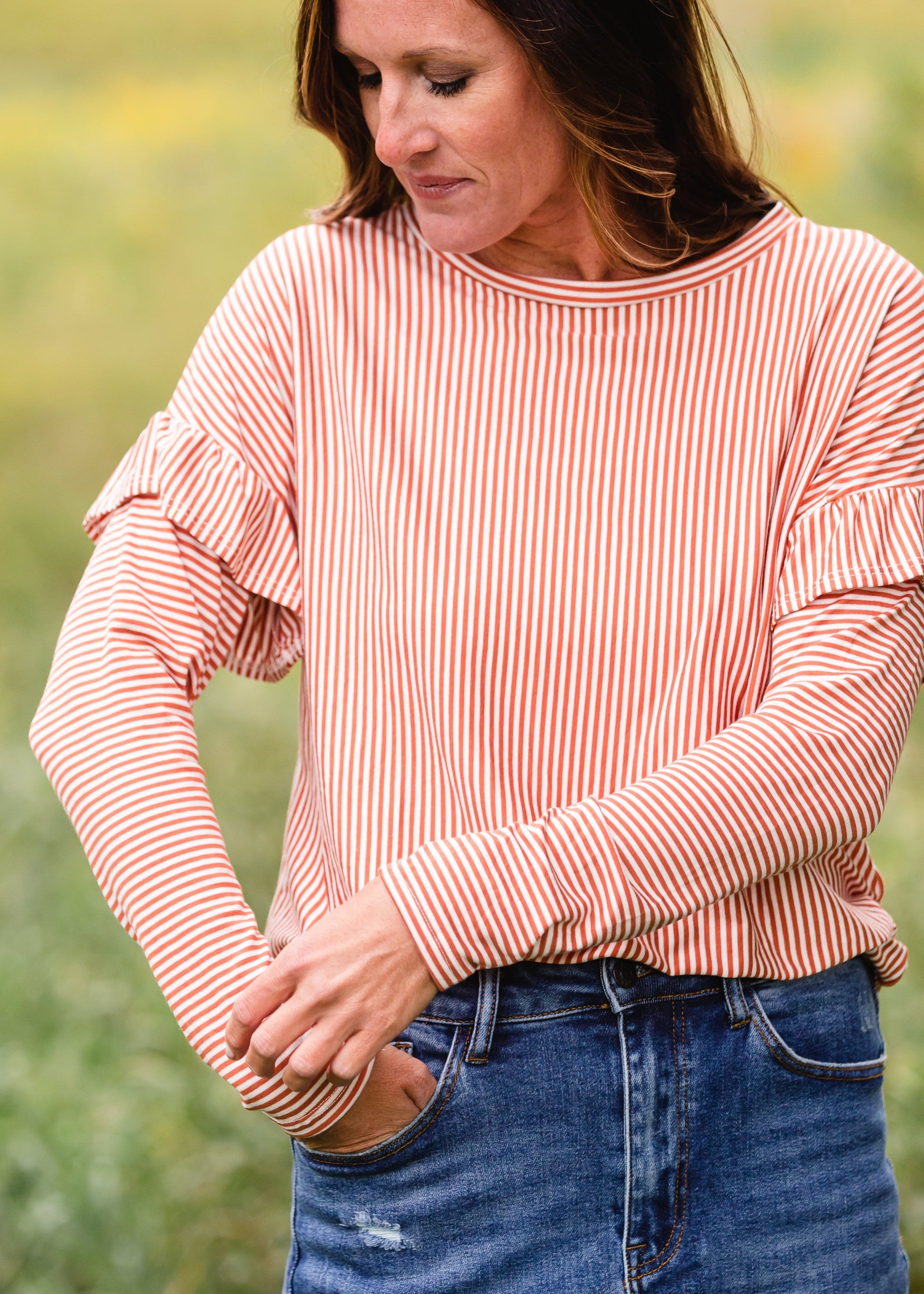 Rust Ruffled Pin Striped Top - FINAL SALE Tops