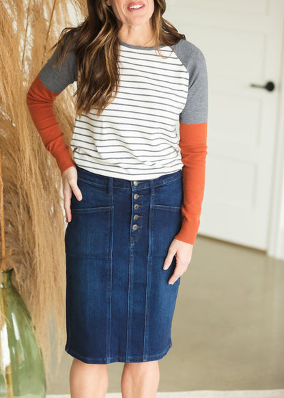 Rust Sleeve Striped Raglan Top Tops