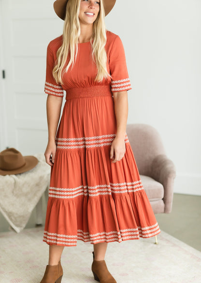 Rust Smocked Tiered Midi Dress - FINAL SALE Dresses