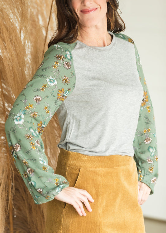 Sage Floral Print Mixed Top - FINAL SALE Tops