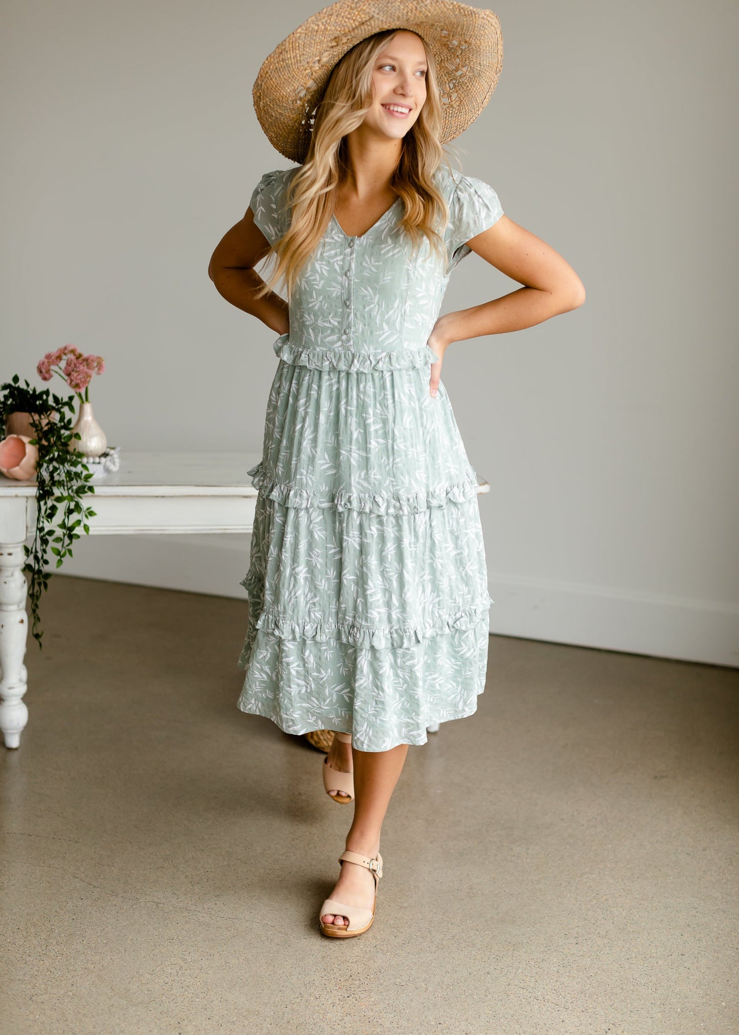 Sage Ruffle Midi Dress Dresses