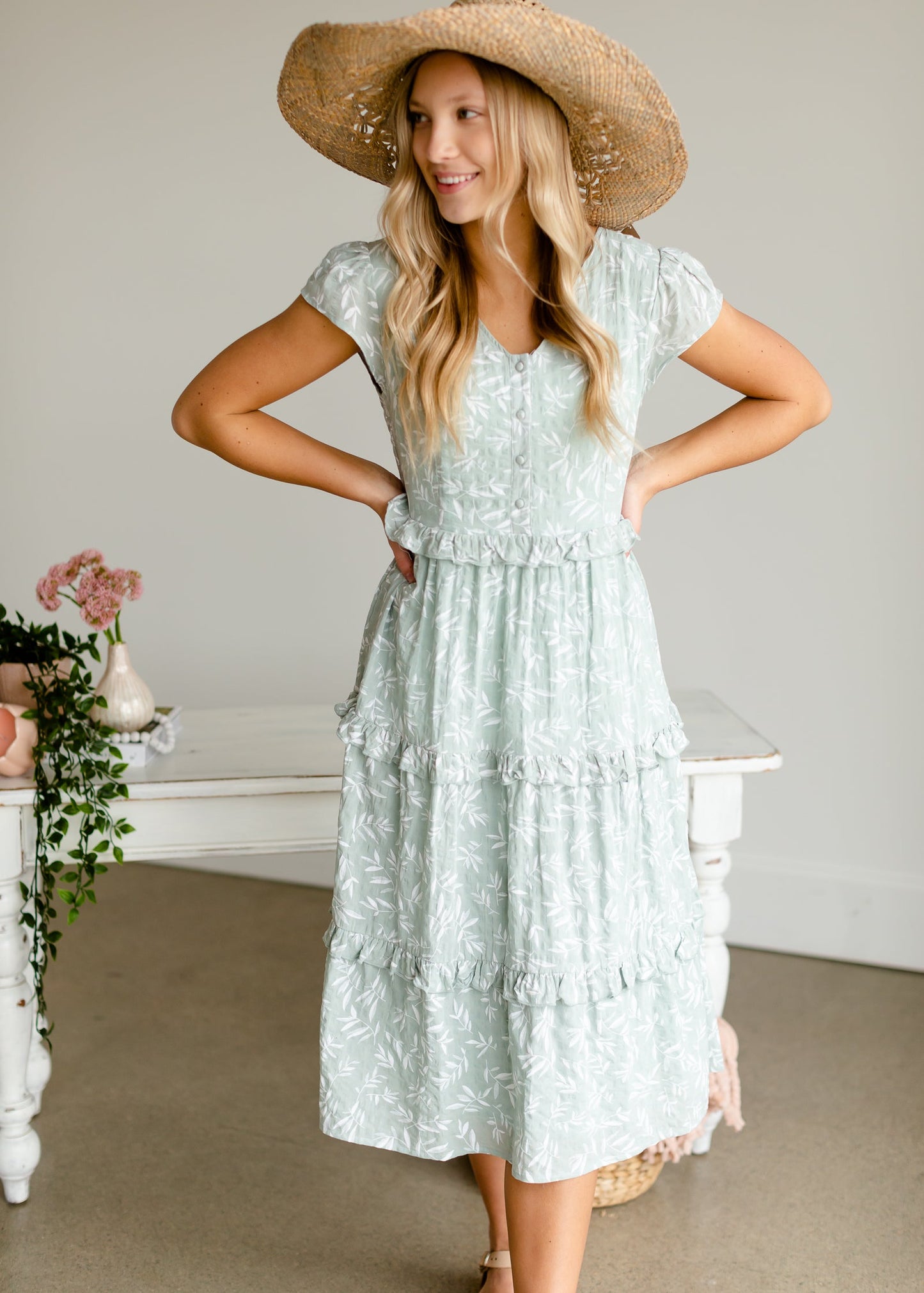 Sage Ruffle Midi Dress Dresses