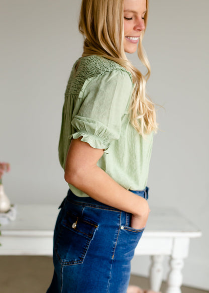 Sage Smocked Balloon Sleeve Top - FINAL SALE Tops